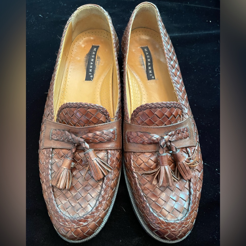 Magnanni Tan Woven Leather Loafers with Tassels